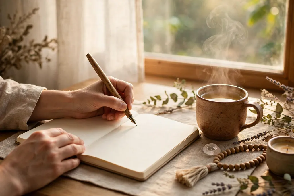 Hands writing in a notebook by a bright morning window with a cup of tea beside it in soft daylight