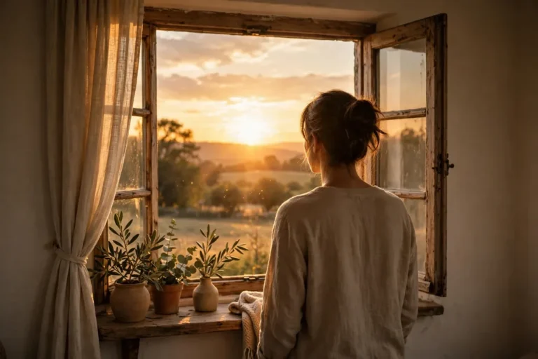 A person standing thoughtfully by a window looking out at a warm sunset in quiet reflection with soft golden light