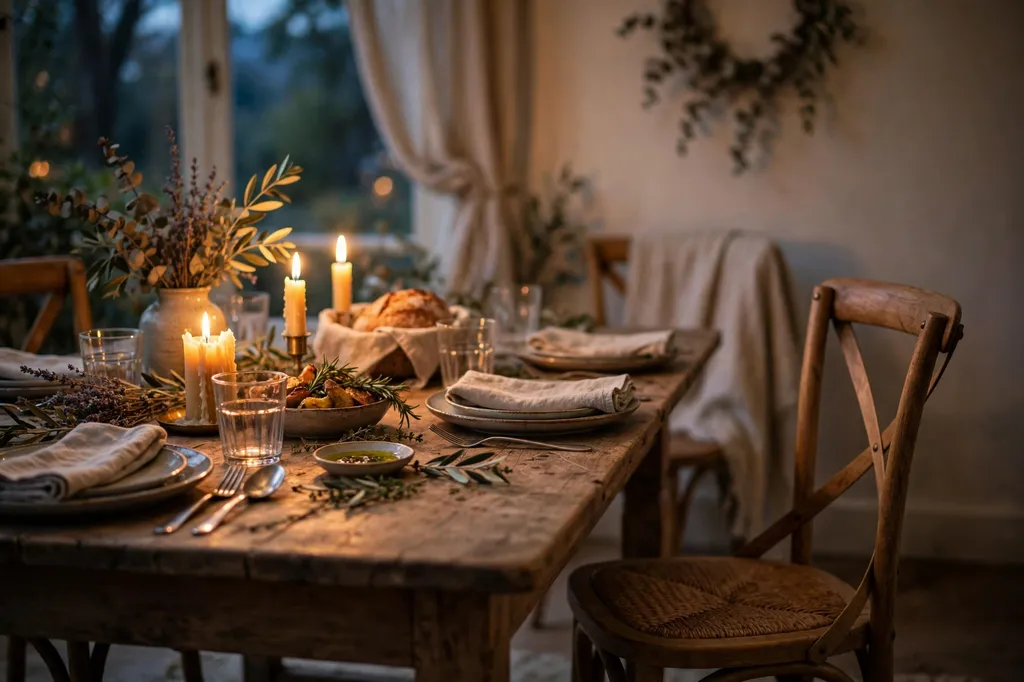 A warm family dining table set with soft candlelight and an empty chair in a gentle bittersweet mood