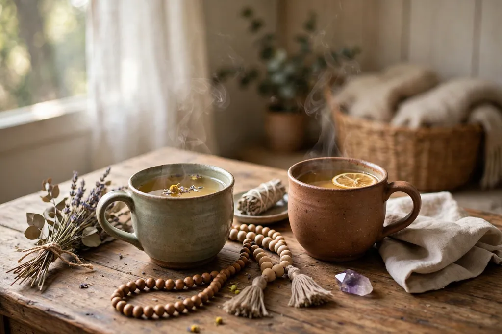 Two cups of tea on a wooden table in a warm home in a quiet conversation setting with soft daylight