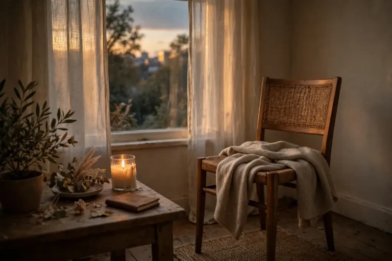 A quiet room with a chair by a window in soft evening light