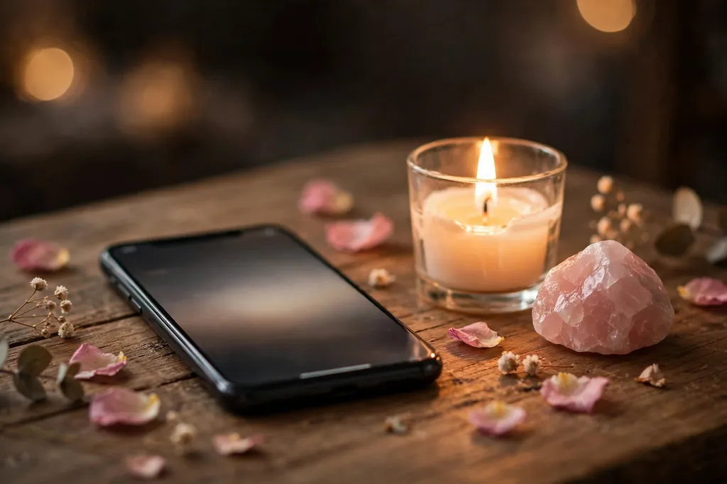 Phone glowing softly beside a lit candle and rose quartz during a love spell ritual