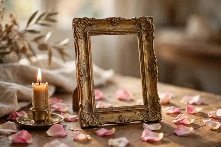 An empty vintage photo frame beside a lit candle and rose petals