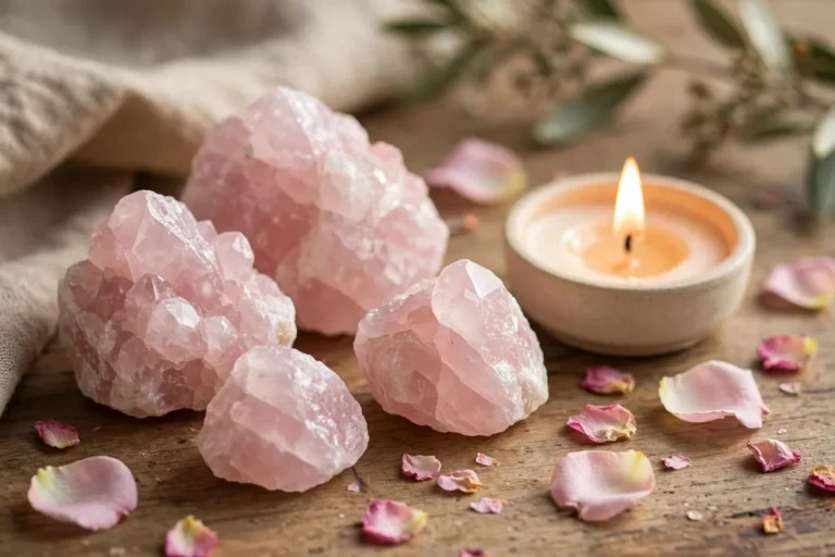 Soft pink rose quartz crystals beside a lit candle and rose petals