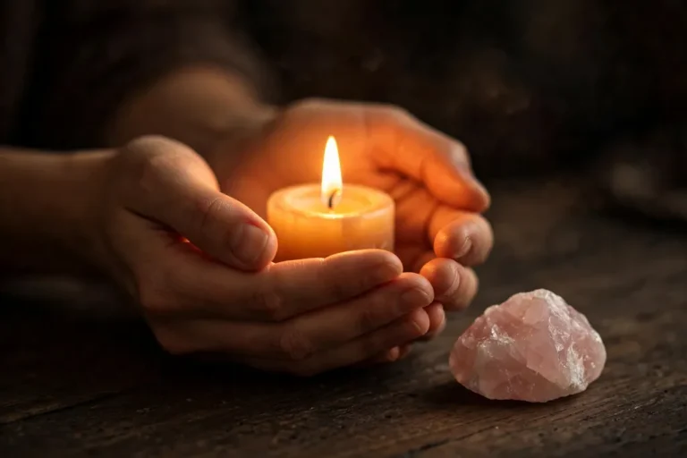 A single candle flame cupped in hands beside a rose quartz crystal in the dark, symbolising white magic protection