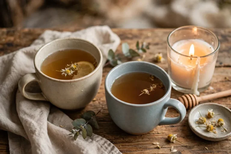 Two cups of tea on a wooden table beside a lit candle