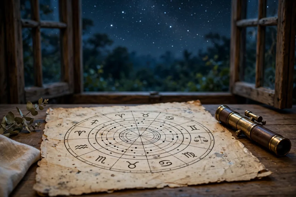 Astrology birth chart on aged paper with a telescope under a starry sky