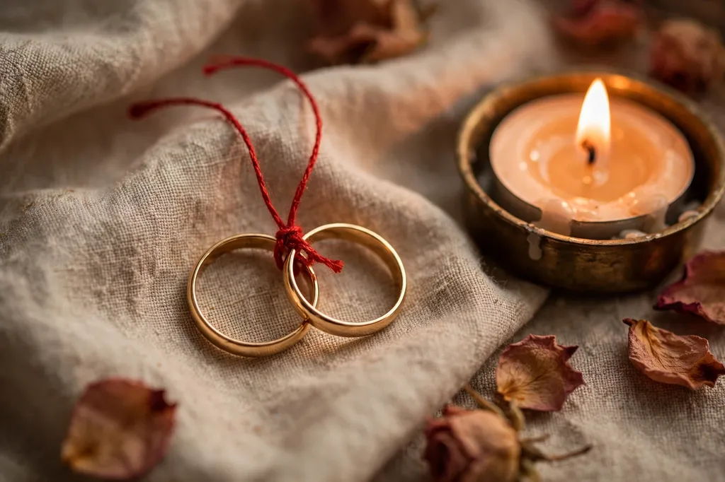 Two gold rings tied with red thread on linen cloth beside a lit candle and rose petals