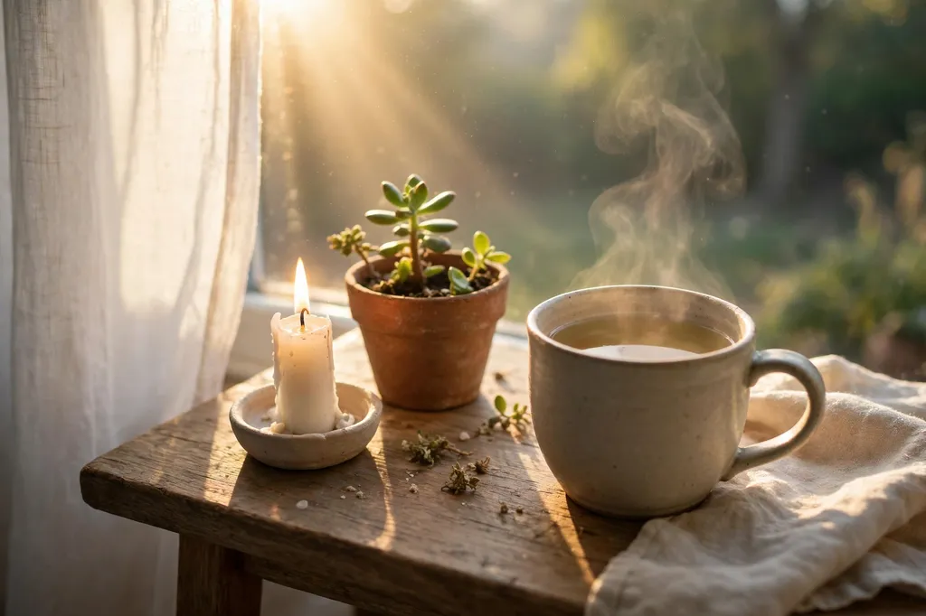 Morning sunlight through a window onto a table with a lit candle, plant and tea