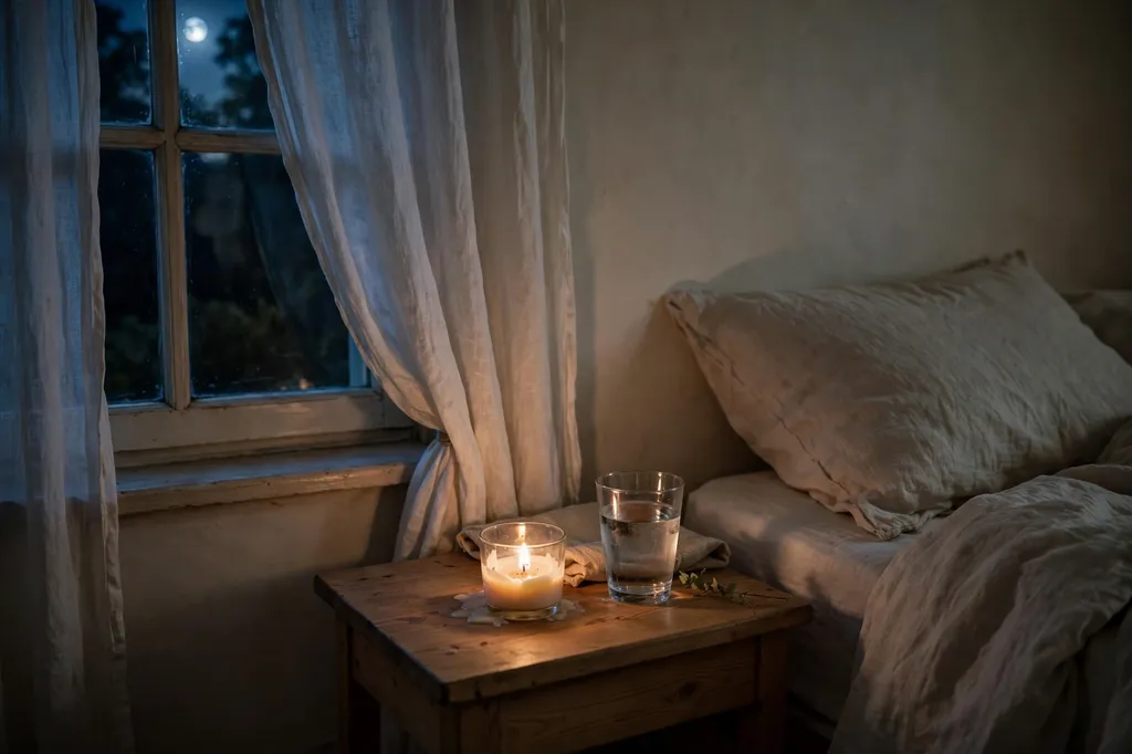 Quiet bedroom at night with a lit candle on the bedside table and moonlight