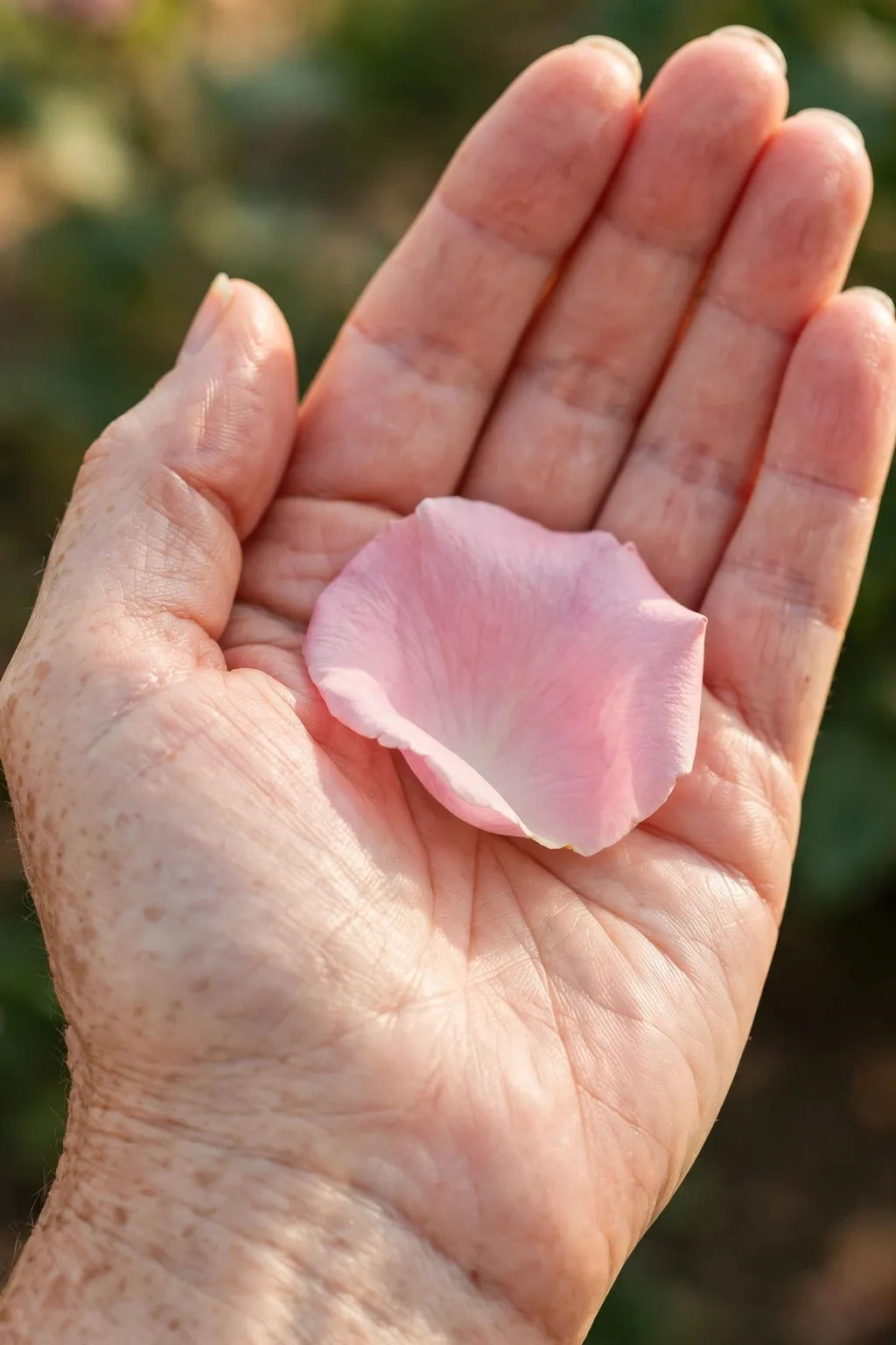 Single pink rose petal resting in an open hand in soft daylight