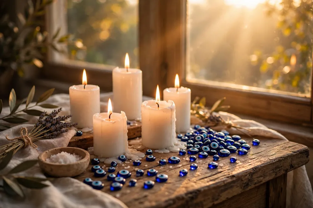 Lit white candles and evil eye beads on a wooden altar at sunrise