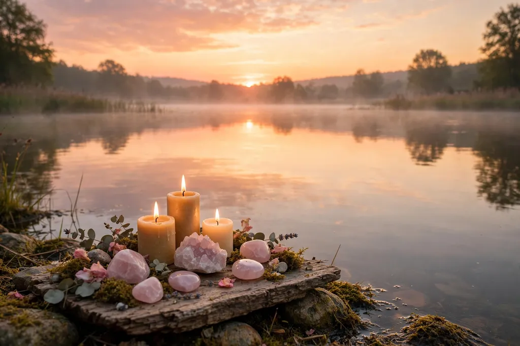 Sunrise over calm water beside candles and rose quartz on an altar