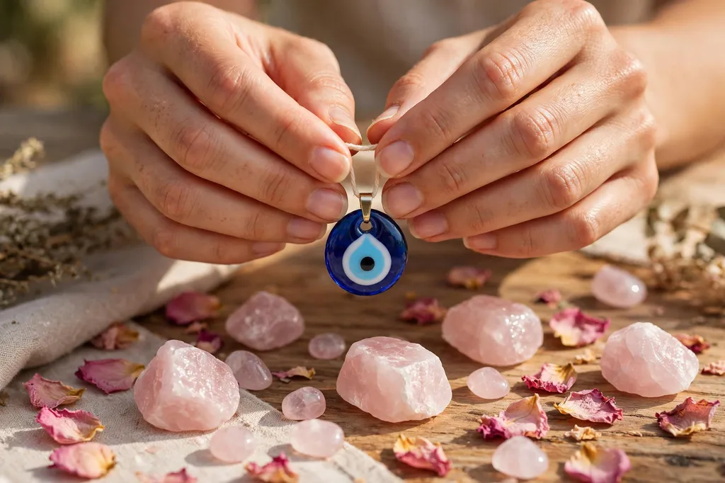 Hands holding a blue evil eye pendant above rose quartz stones
