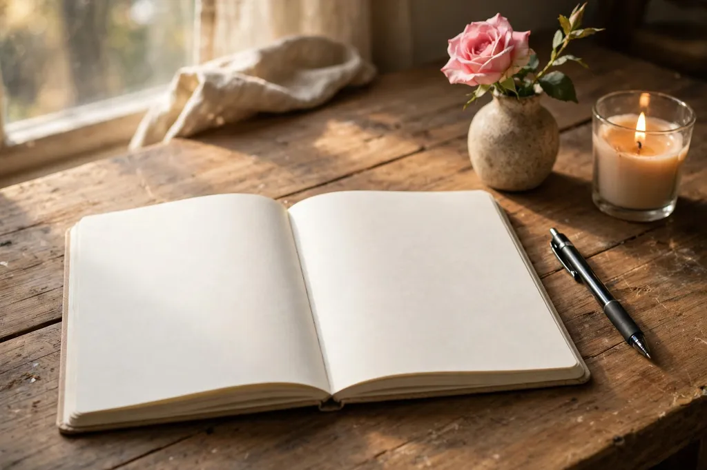 Open blank notebook with a pen, lit candle and rose on a wooden desk in morning light
