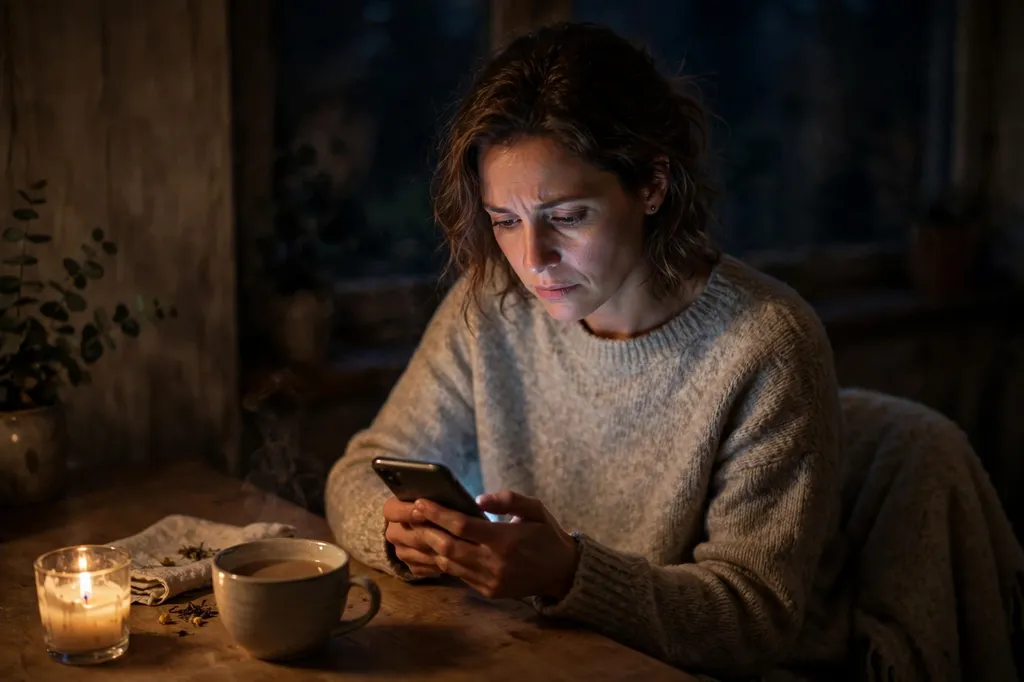 Woman looking thoughtfully at her glowing phone late at night beside tea and a candle
