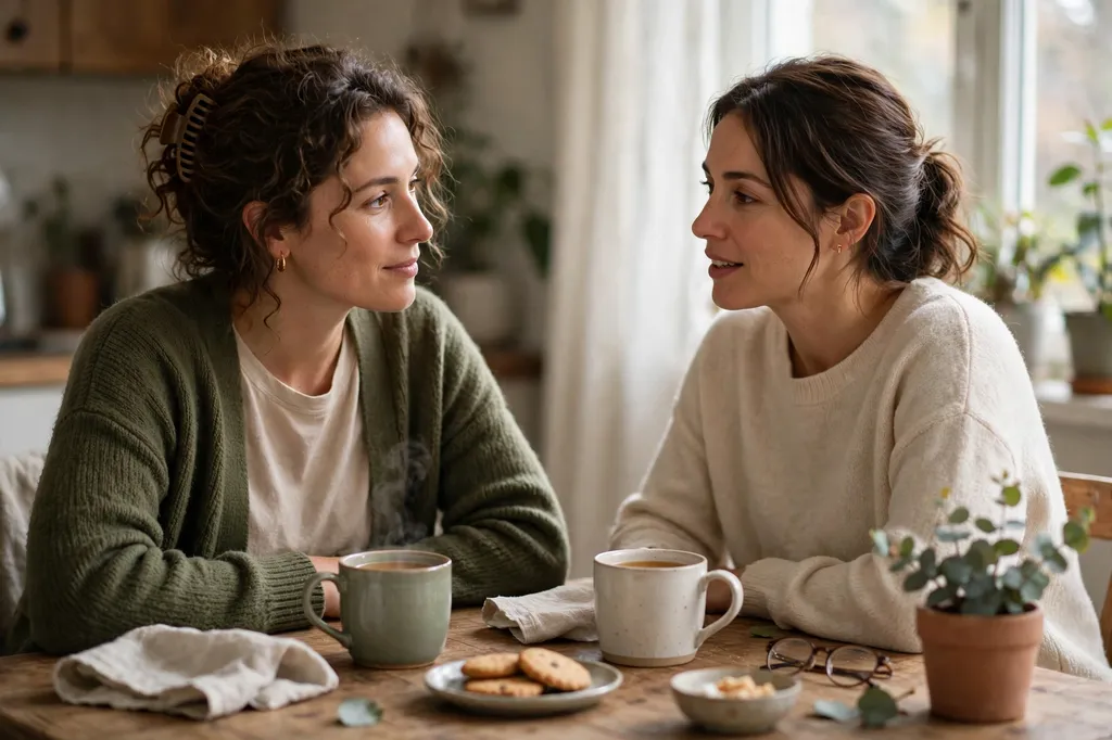 Two women talking warmly over cups of tea at a wooden table