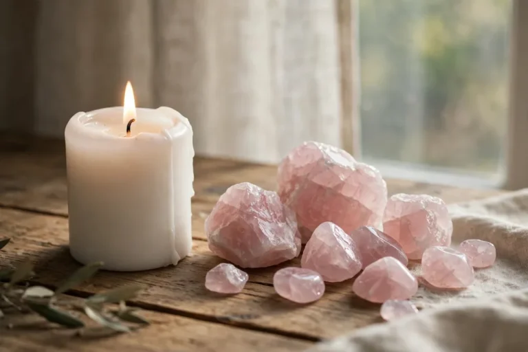 Lit white candle with rose quartz crystals in soft morning light