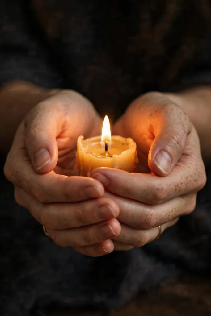 Hands gently holding a lit candle - Mama Zahara's honest promise