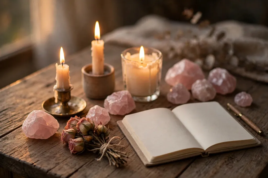 Preparing for a love spell session with candles, rose quartz and a journal