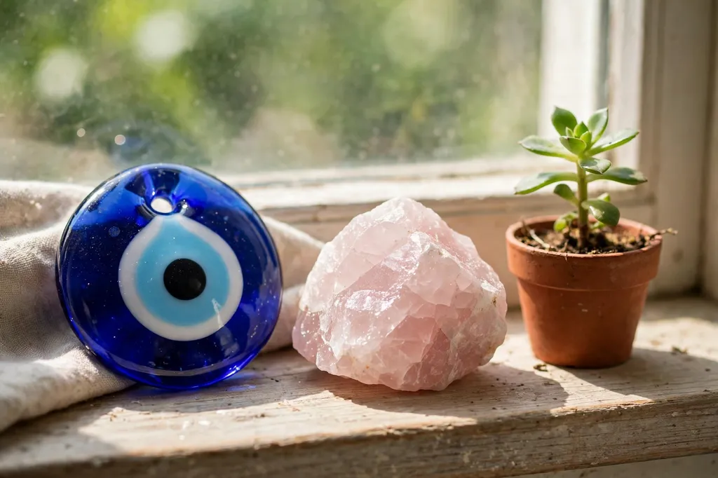 Blue evil eye bead and rose quartz on a sunny windowsill beside a plant