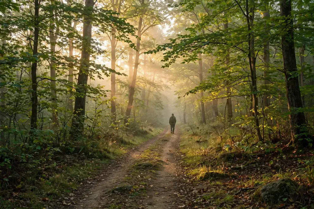 Peaceful sunrise walk on a quiet nature path through trees