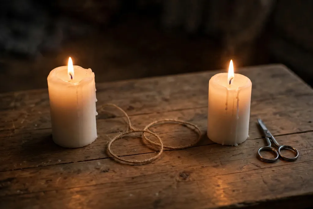 Two lit white candles with a loose string between them and scissors on a wooden table