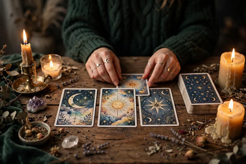 Tarot cards laid out during a psychic reading by candlelight