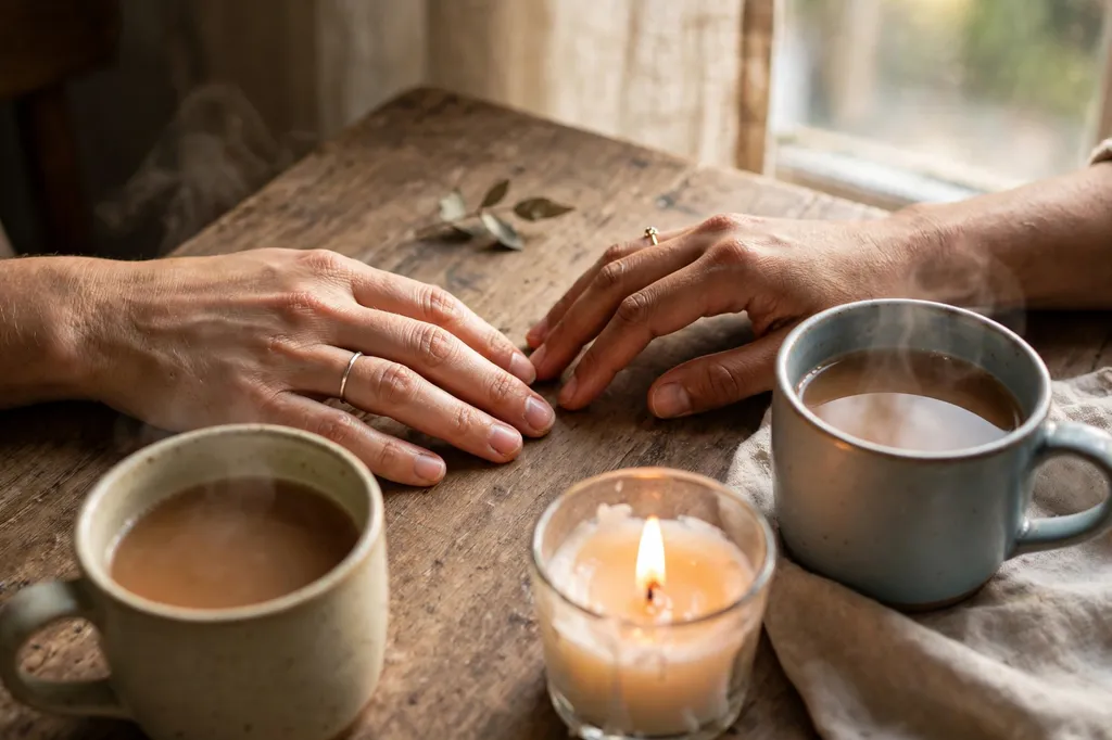 Two people's hands resting on a wooden table, almost touching, beside a lit candle and tea