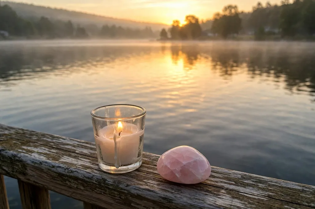 Sunrise over calm water with a lit candle and rose quartz on a wooden railing