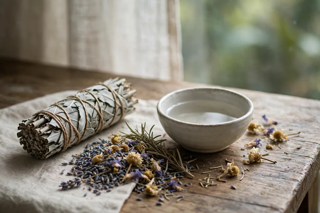White sage, dried herbs and a bowl of water prepared for spiritual cleansing