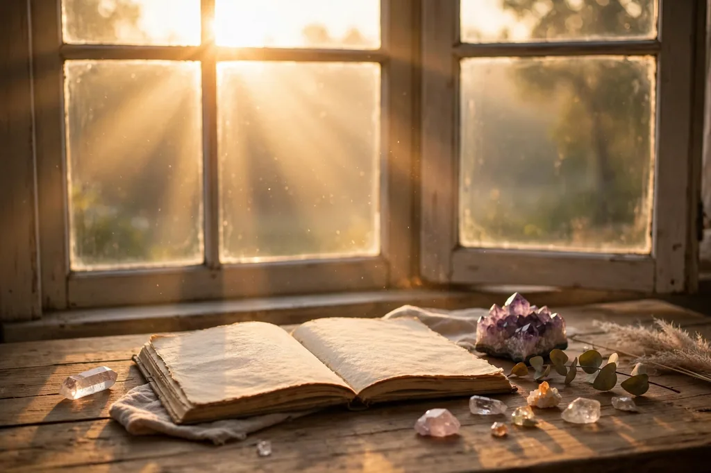 Sunrise light through a window onto crystals and an open journal