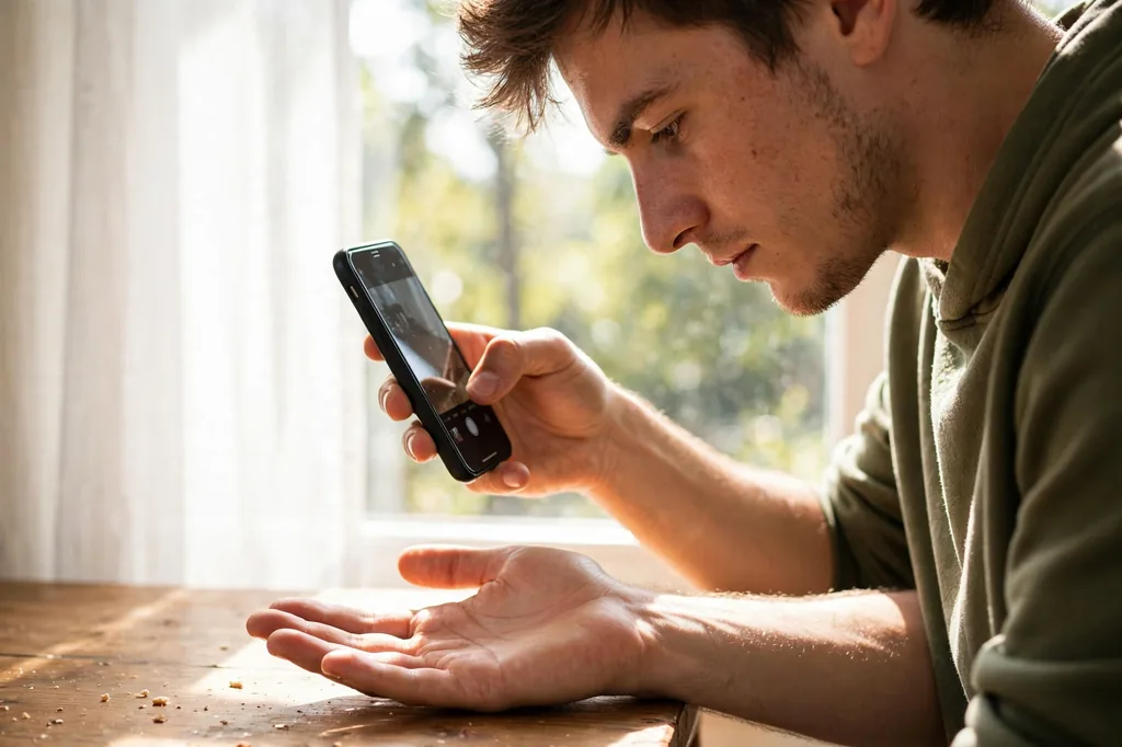 Person taking a clear photo of their open palm with a smartphone in natural window light