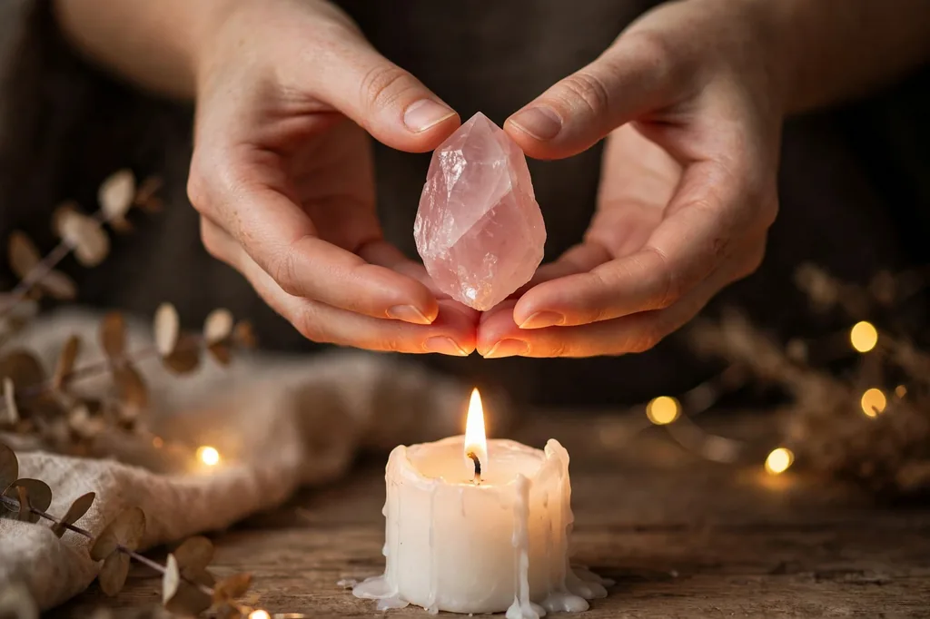Hands holding a rose quartz crystal above a lit white candle during white magic