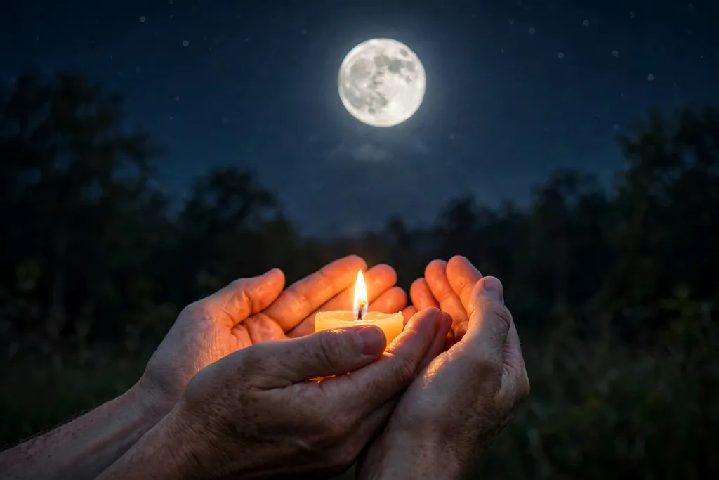 Hands cupping a lit candle beneath a bright full moon during a love spell ritual.