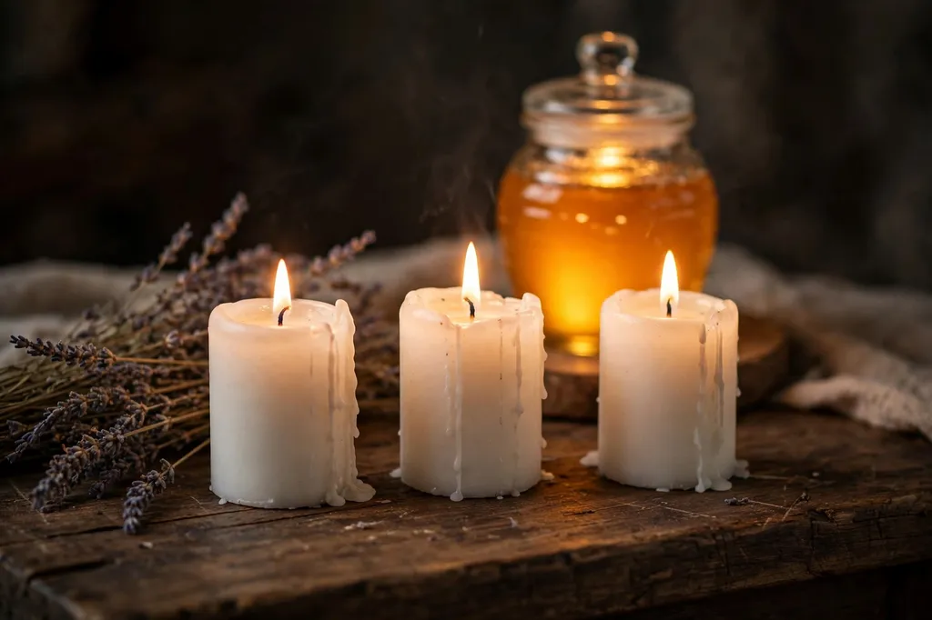 Lit white candles on a spiritual altar with a glowing honey jar behind them