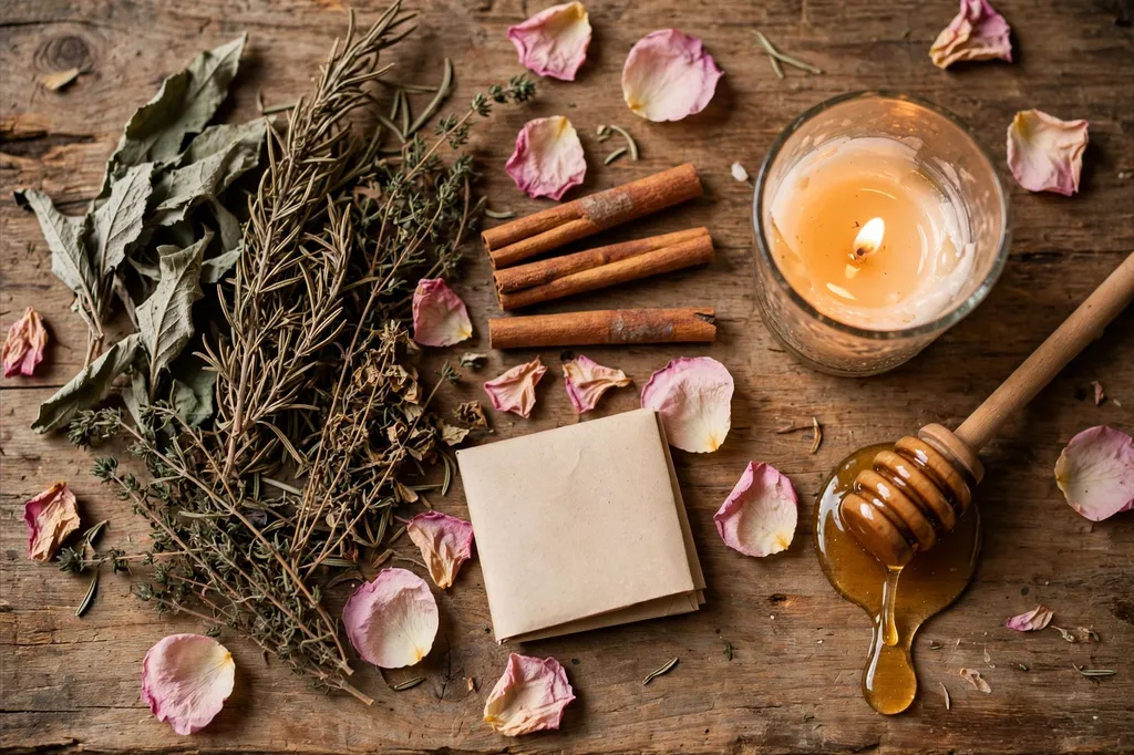 Dried herbs, rose petals and a written petition prepared for a honey jar spell