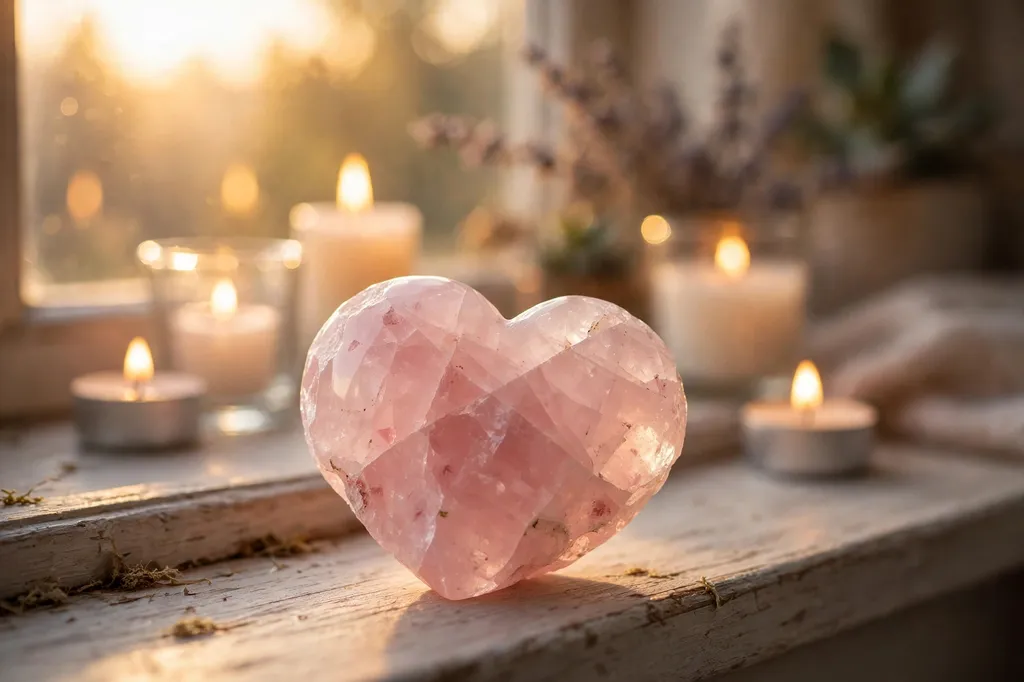 Rose quartz crystal heart at sunrise symbolising love and new beginnings
