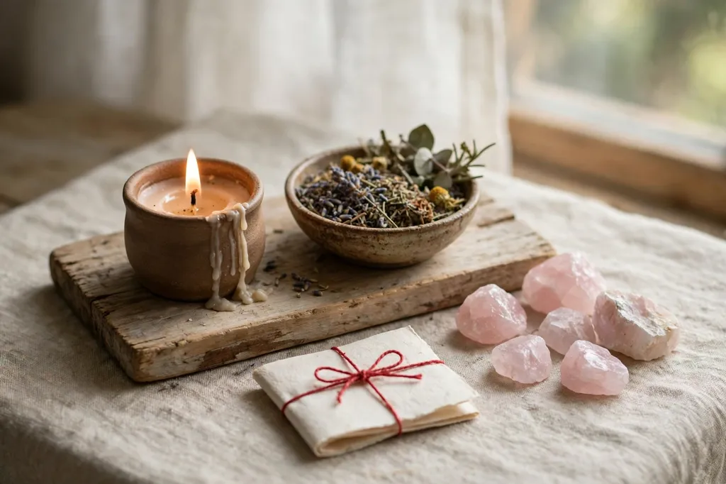 Spiritual altar with candle, herbs, rose quartz crystals and a written intention note for renewing a love spell