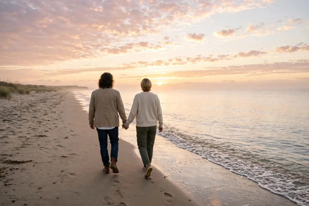 Couple holding hands walking on the beach at sunrise after a lasting love spell