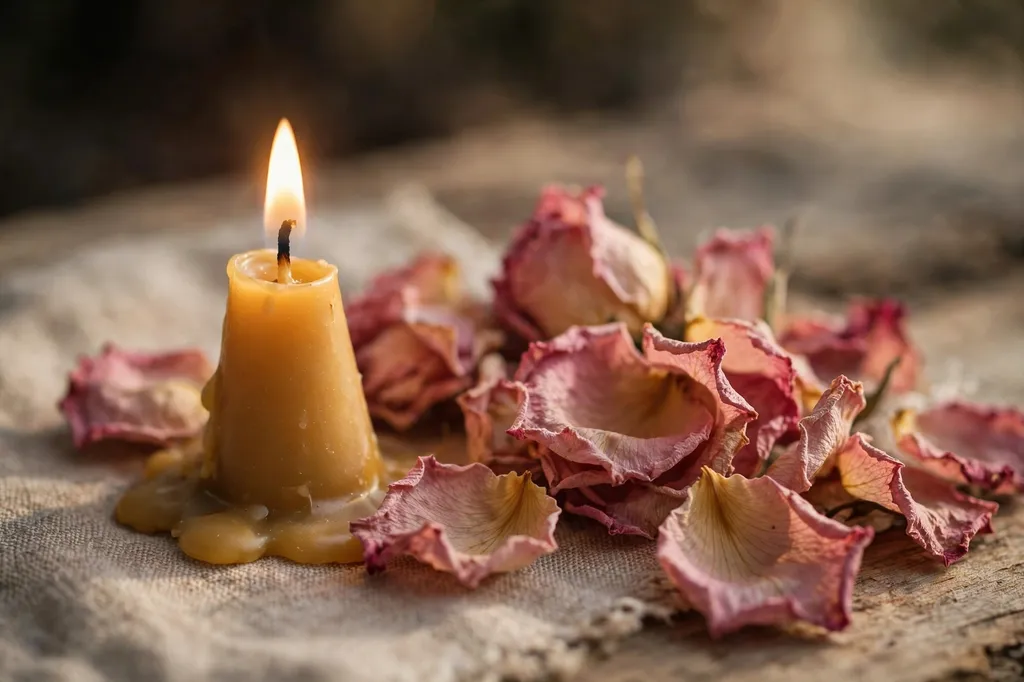 A candle flame glowing beside rose petals