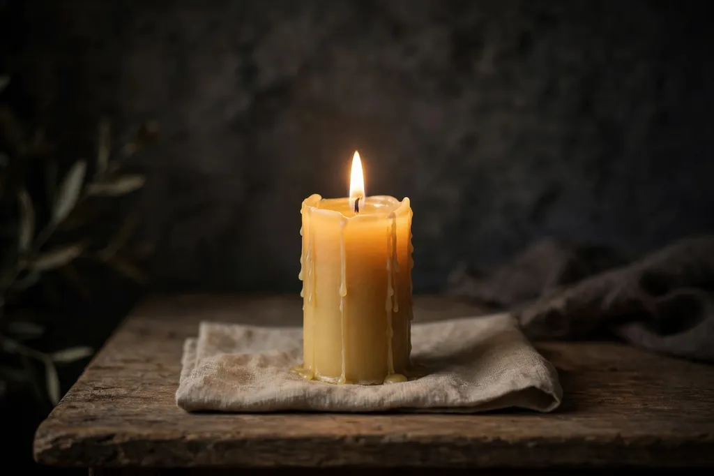 A single lit candle glowing in a dark quiet room
