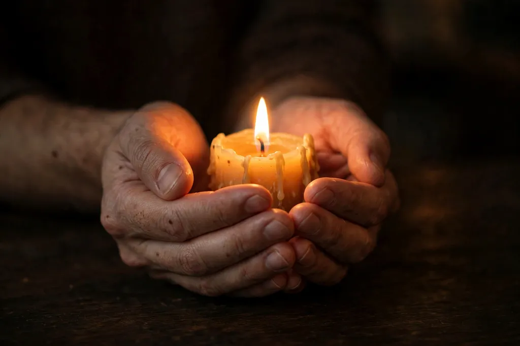Hands cupped around a lit candle in a quiet room
