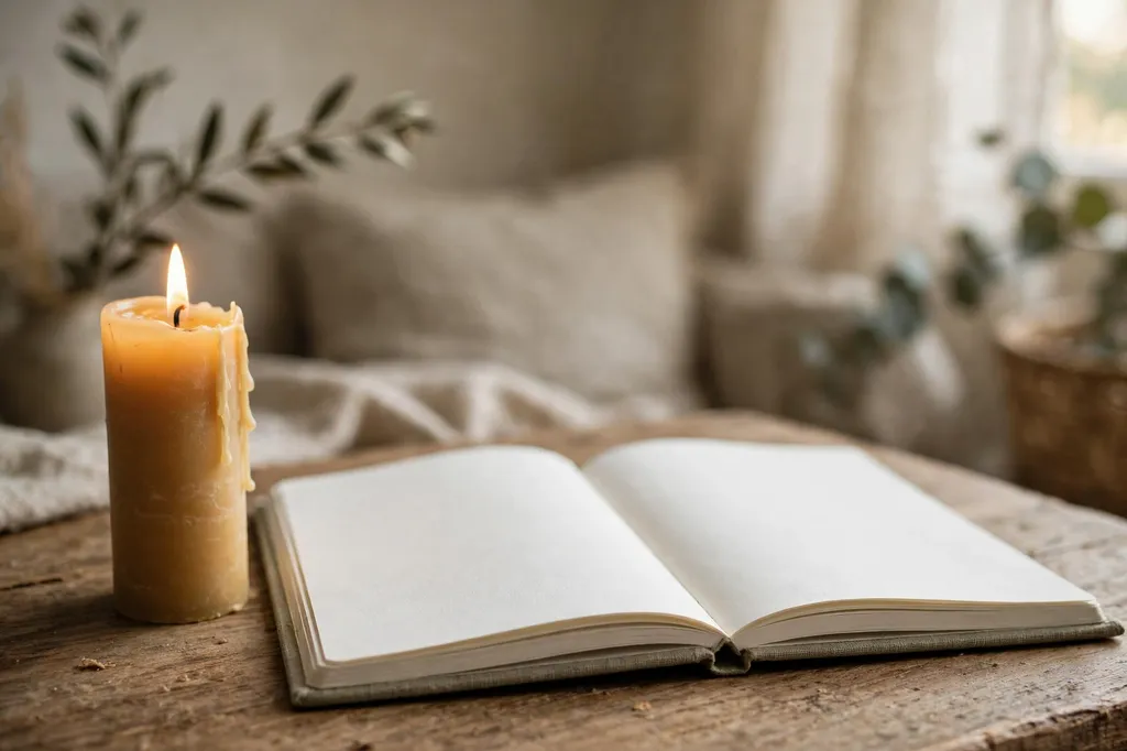 A lit candle beside an open notebook in a quiet room