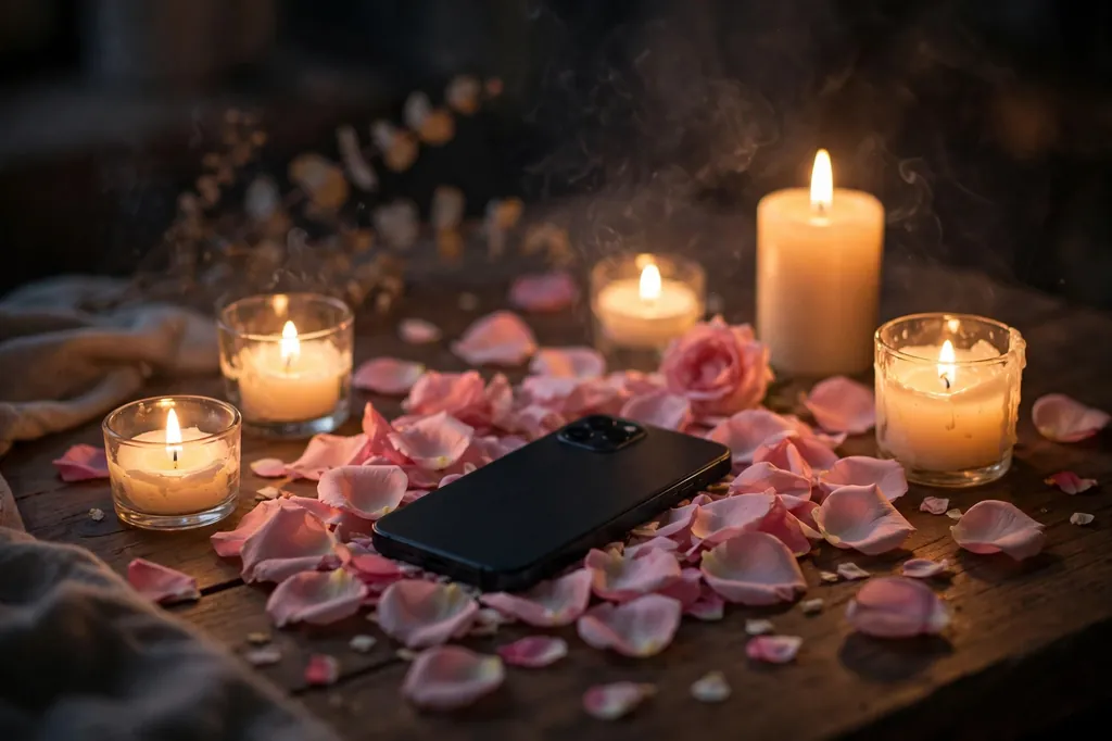 Lit candles and pink petals around a smartphone on a quiet table at night