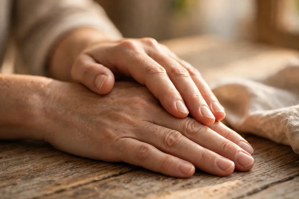 One hand resting gently over another hand in support