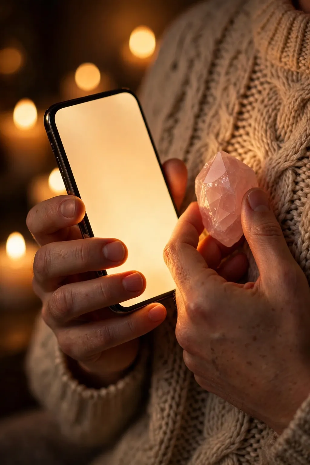 Hands holding a glowing phone and a rose quartz crystal close to the heart
