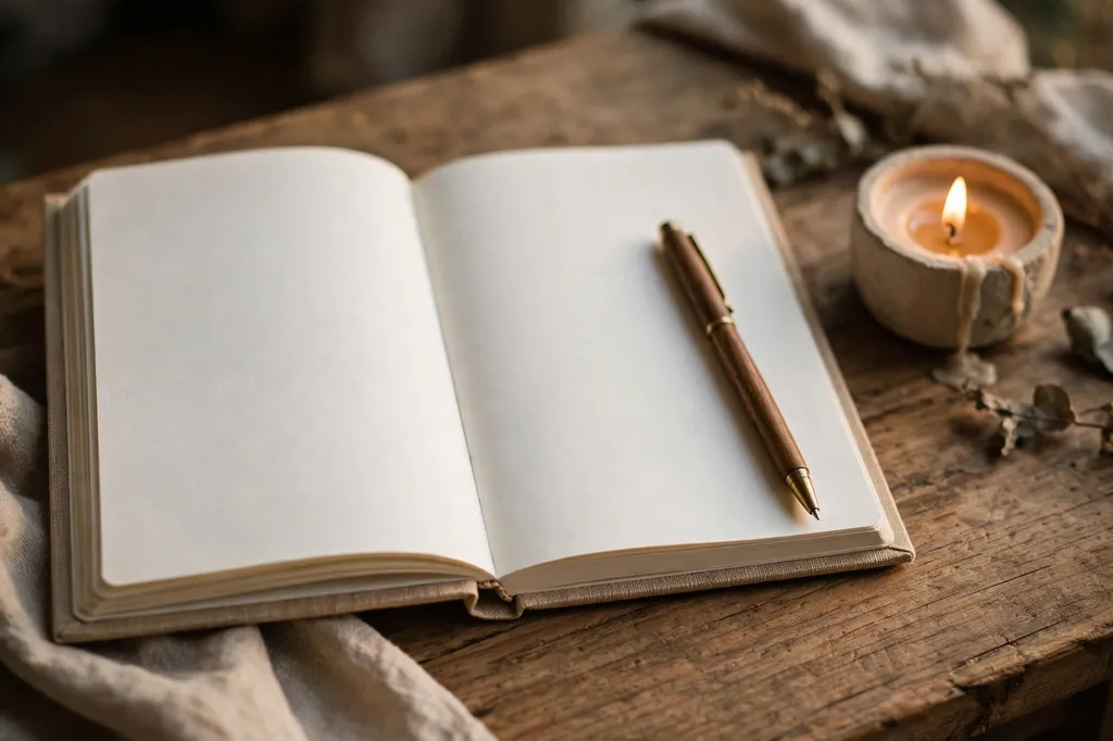 An open journal and pen beside a candle for writing an intention