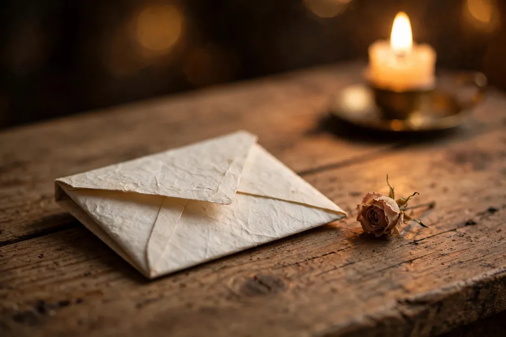 A folded letter and a dried rose on a wooden table in candlelight