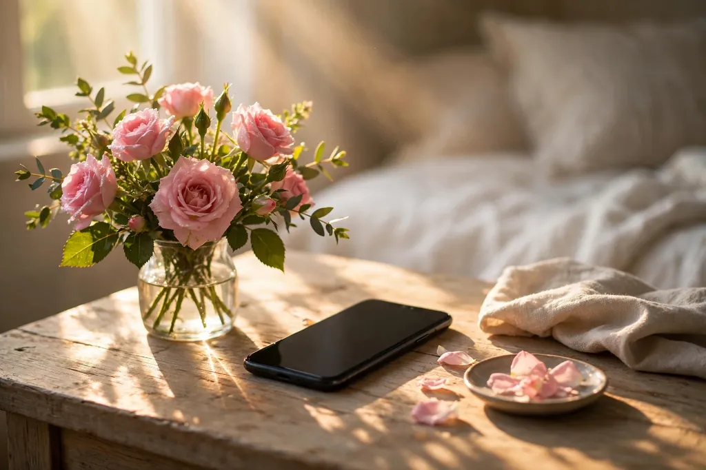 Warm morning sunlight falling across a bedside table with a phone and fresh roses